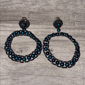 Blue Beaded Circular Dangle Clip On Earrings